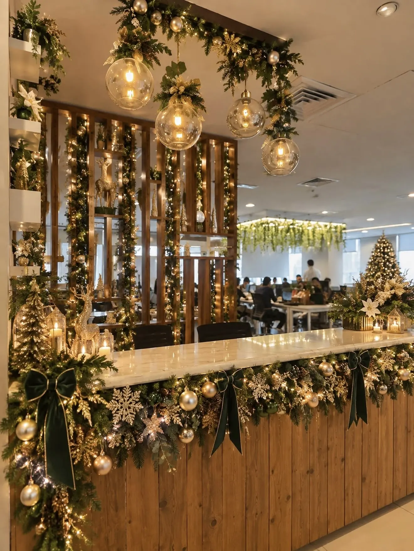 A café counter wrapped in garlands with hanging glass baubles
