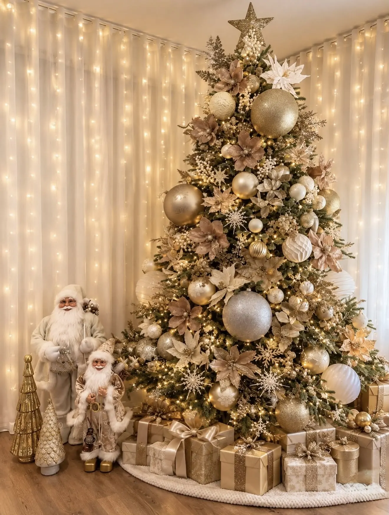 A champagne and gold tree in front of a curtain of fairy lights