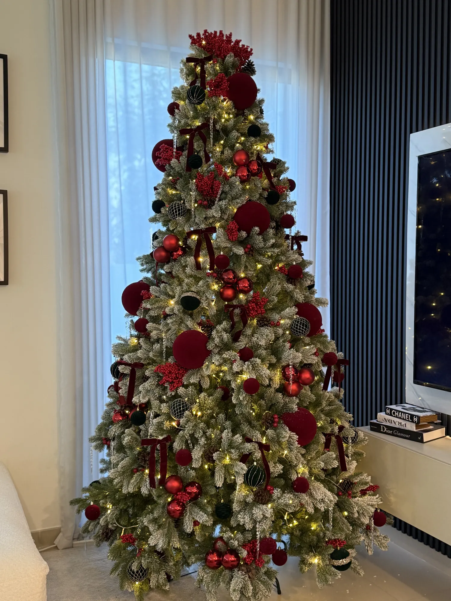Frosted tree, burgundy velvet — Christmas décor by Aura