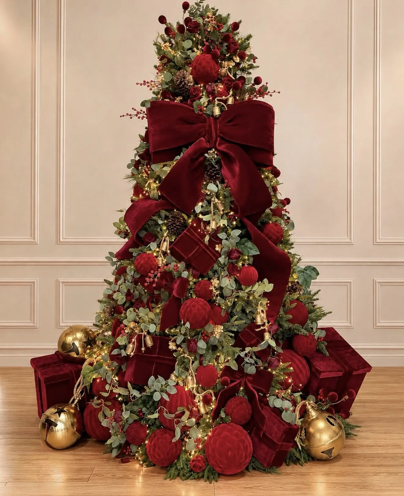 A tree dressed in deep burgundy velvet bows and baubles