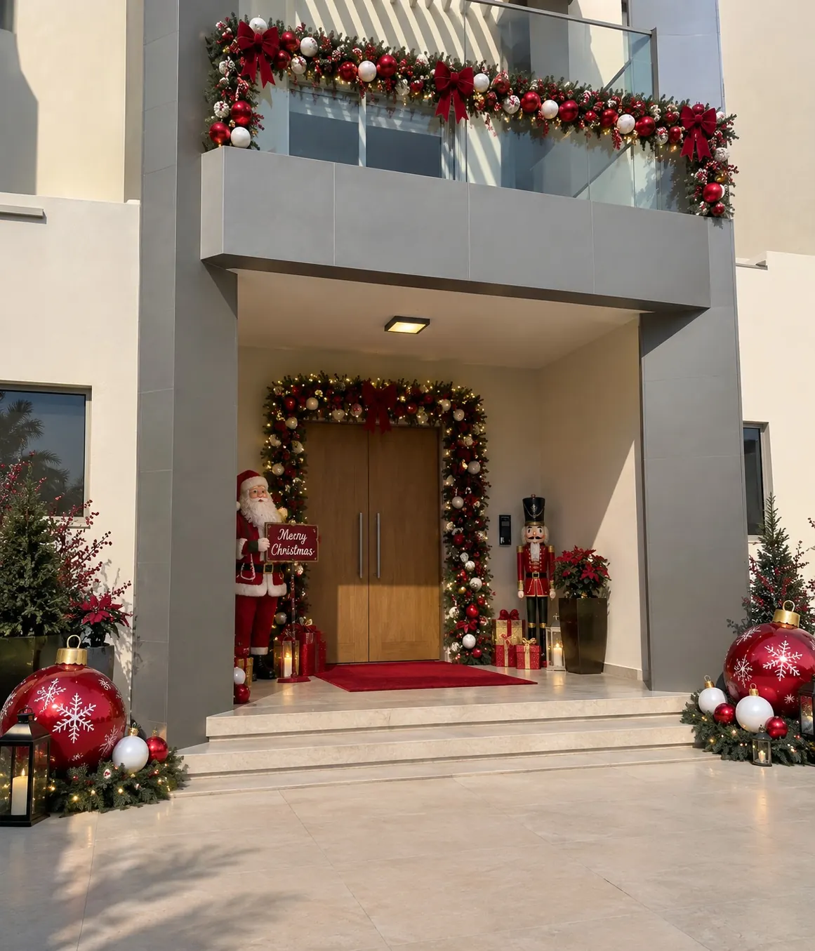 A villa entrance dressed with garlands, red baubles and a balcony swag